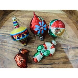 Vintage Poland Glass Christmas Ornament Lot Mica Glitter Teardrop Candy Cane Top